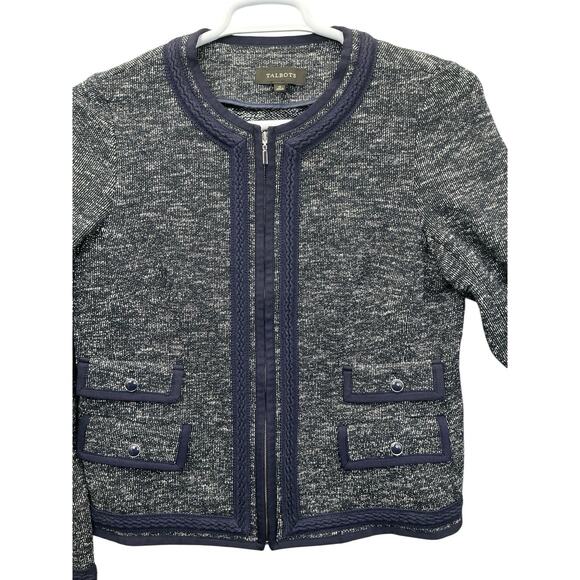 TALBOTS Black Tweed Knit Open Front Blazer Cardigan Jacket Womens Size 12 Navy - Picture 11 of 16